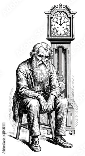 Victorian Man Sits Next To Grandfather Clock Vintage Illustration