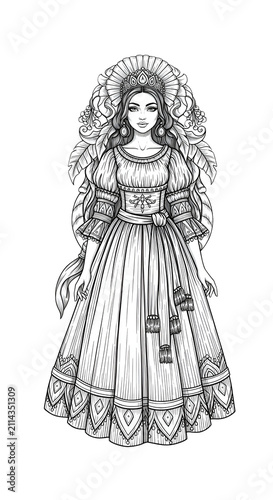 Victorian Woman Portrait Elegant Dress Black and White Illustration