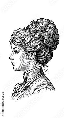 Victorian Woman Profile Portrait Engraving Elegant Hairstyle Fashionable Attire