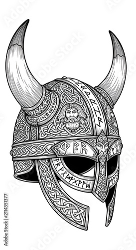 Viking Helmet Horned Ancient Warrior Battle Gear Illustration