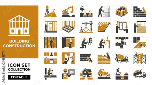 Comprehensive building construction and home renovation icon set