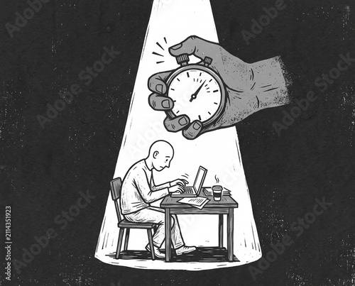 Minimalist linocut editorial illustration of a worker under a spotlight while a giant hand holds a stopwatch overhead, symbolizing work pressure, deadlines, productivity, and burnout.