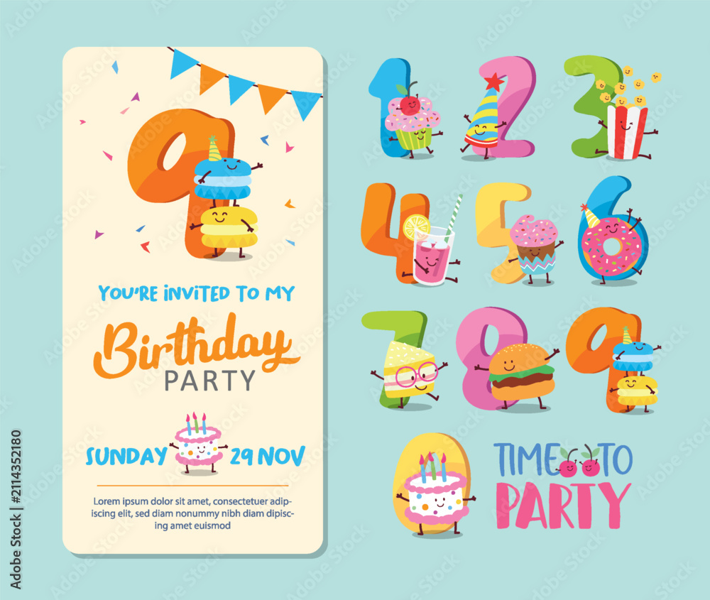 Fototapeta premium Birthday Anniversary with Funny Character and Birthday Invitation Card Template for banner, poster, vector illustration.