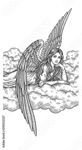 Vintage Angel Illustration with Wings and Clouds Isolated