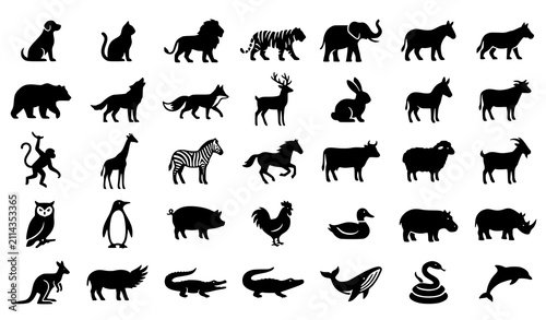 Canvas Print Animal Black Icon Set, Wild and Domestic Animals Silhouette Collection