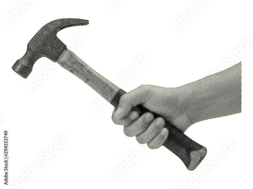 Retro halftone hand holding hammer art collage on transparent background.