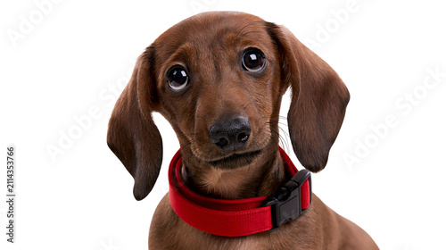 Brown Dachshund puppy with big eyes wearing a red collar