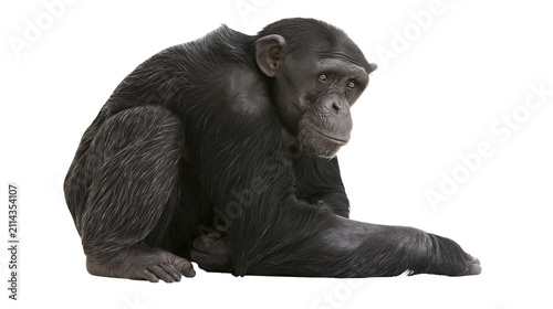 Photography Chimpanzee sitting looking to the side black fur, white