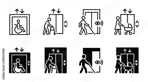 Universal accessibility and inclusive transit icons set with accessibility inclusive wheelchair stroller disability