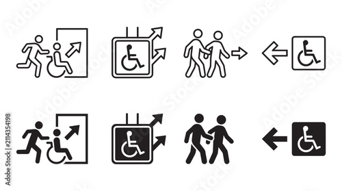 Accessibility signage and inclusive navigation icons with accessibility wheelchair navigation inclusive emergency