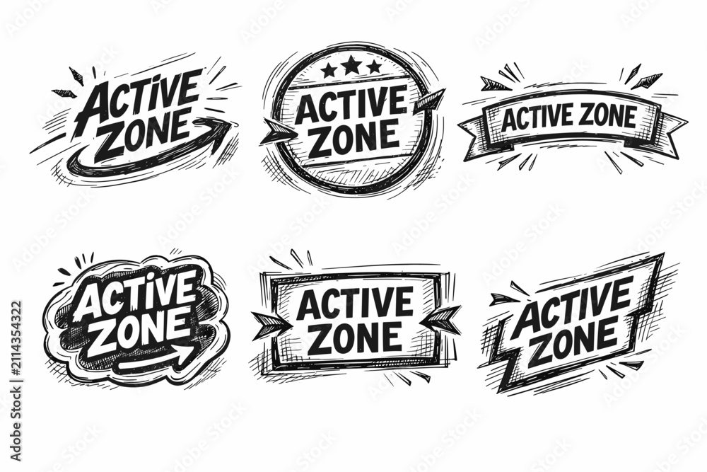 Fototapeta premium Active zone banner set creating a collection of hand drawn labels, badges, and stickers, depicting various frames, ribbons, and speech bubble shapes with a sketch style