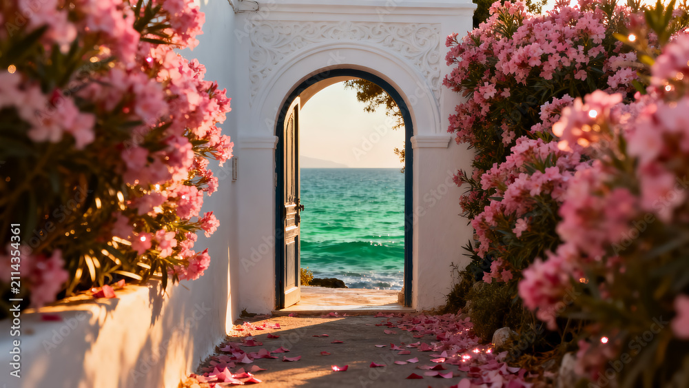 Fototapeta premium White Mediterranean archway with pink flowers over the blue sea