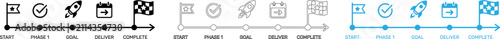 Flat timeline icons showing project management workflow with steps and tasks isolated on transparent background, Vector