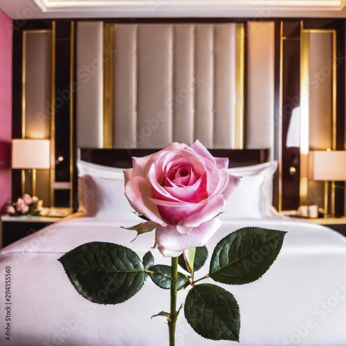 A single pink rose stands upright on a neatly made bed in a luxurious and romantic bedroom with pink accents, AI generated