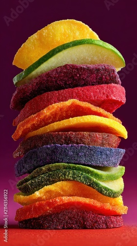 Stack of fruit slices on a red surface food background
