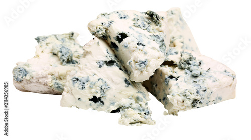 Foto Crumbled blue cheese pieces with visible mold veins