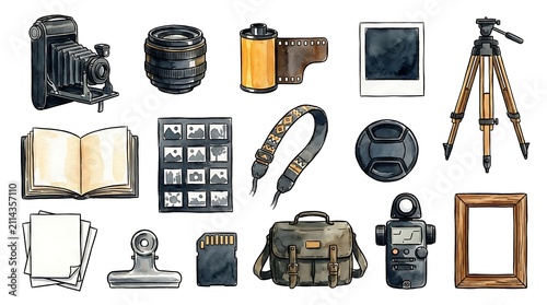 Watercolor photography icons set. Hand drawn camera equipment and accessories collection.