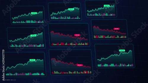 3D Perspective Financial Stock Market Trading Dashboard with Bullish Green and Bearish Red Line Graphs, Price Badges, and Depth of Field Blur