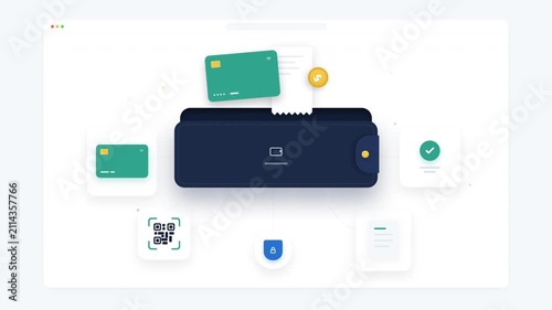 Digital Finance E-Wallet Checkout Interface with Contactless Credit Card QR Code and Receipt Concept, Payment Gateway Integration and Secure Financial Transaction