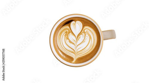 Cappuccino coffee with latte art heart shape in ceramic cup