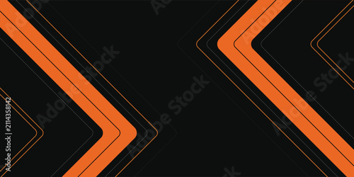 Foto Abstract black and orange geometric background banner with chevron arrow lines,