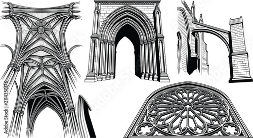 Принти на полотні Gothic Cathedral Architecture Vector Set Featuring Medieval Vaulted Ceiling Poin