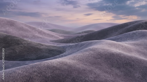 Dunes rise in soft rolling hills under a pastel sky during the transition of dusk, creating an expansive landscape that offers vast copy space for creative design projects requiring natural.