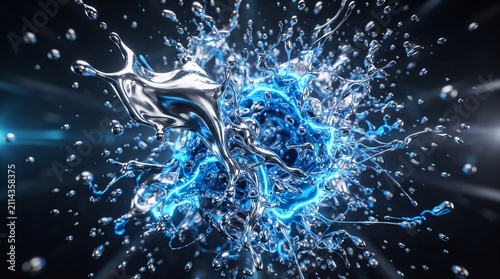 Water splash explodes into the air with liquid droplets and blue glowing light rays radiating from the center of this dynamic high speed capture of a fluid collision in a dark cinematic environment.