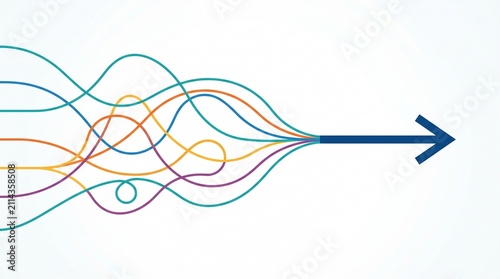 Abstract illustration showing chaotic colorful lines converging into a single unified blue arrow representing strategic alignment
