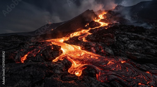 Volcano eruption releases glowing hot liquid lava that flows down the dark rocky mountain slopes during a dramatic night event in nature, creating a powerful scene of intense heat and destruction.