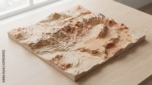 Landscape model shows a detailed topographical representation of rugged desert terrain resting on a clean wooden table near a window to emphasize professional planning and architectural design.
