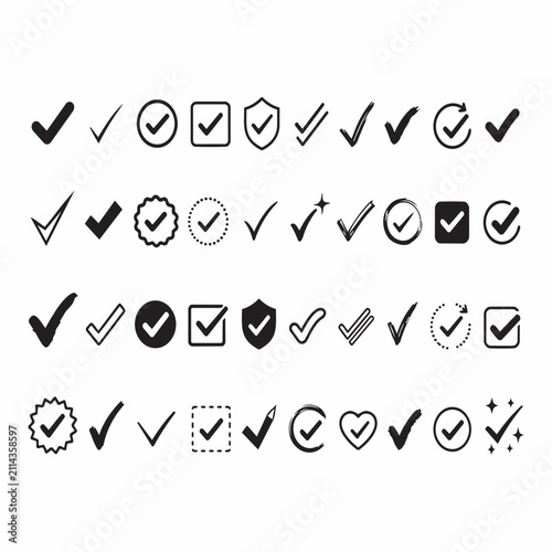 Set of various check mark and confirmation icons with confirmation validation checklist collection complete approved checkbox isolated agreement verified