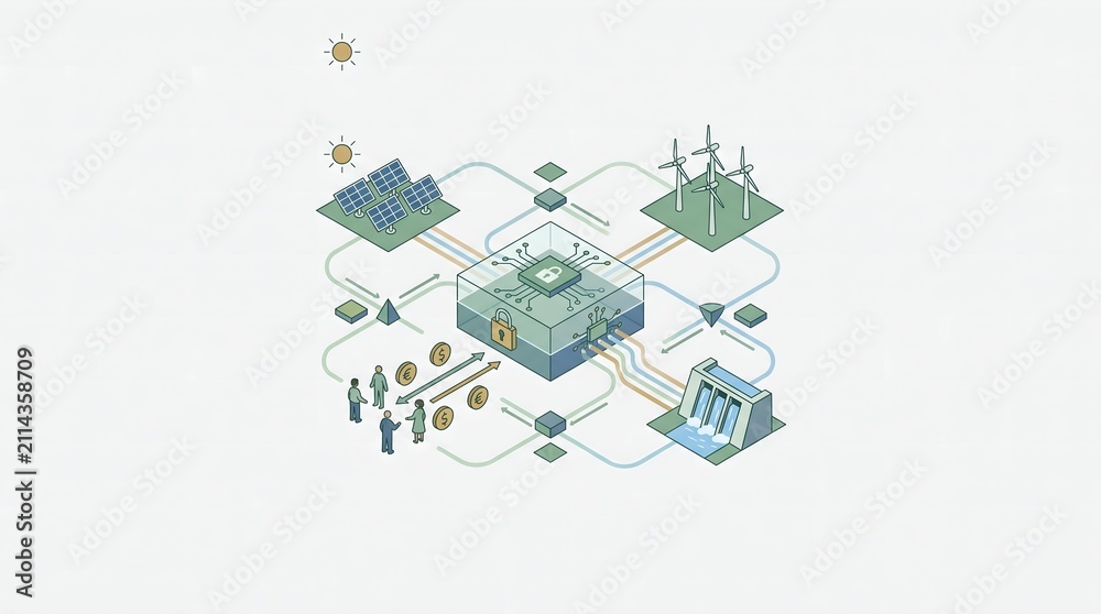 Obraz premium Renewable Energy Financial Network and Secure Smart Grid System Illustration