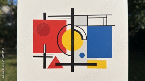 Abstract illustration displaying bold geometric shapes like squares and circles in primary colors creates a modern graphic resource that offers plenty of empty white copy space for creative projects.