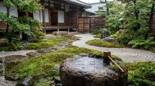 Garden featuring a traditional stone water basin and wooden dipper sits within a tranquil Japanese temple courtyard surrounded by mossy rocks and raked sand patterns to evoke peace and deep calm.