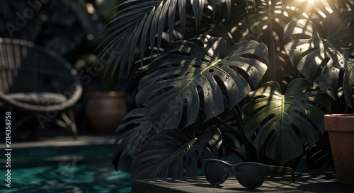 Sunlit Tropical Monstera Leaves Beside Pool on Shaded Patio