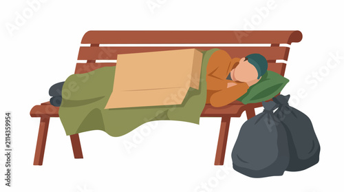 Bild auf Leinwand Homeless person sleeping on park bench with blanket and cardboard box