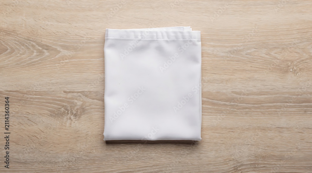 Fototapeta premium Clean white folded t-shirt lying on a light brown wooden table surface.