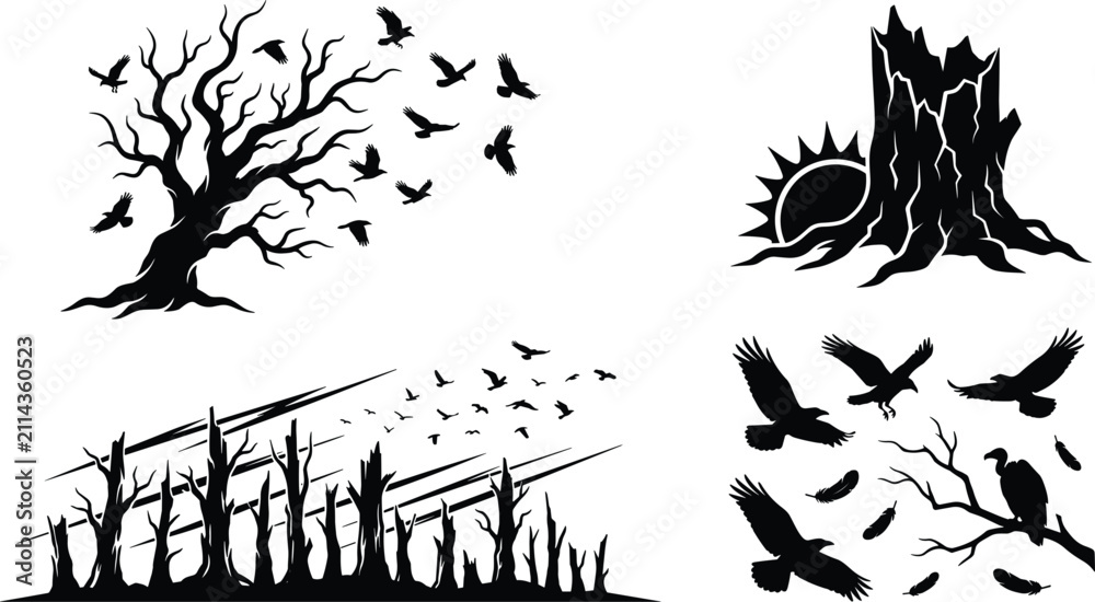 Obraz premium Spooky Dead Trees and Flying Crows Silhouette Vector Element Set with Spooky Forest, Tree Stump, Vultures, and Flying Birds Clip Art