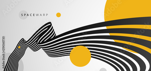 Vector abstract background with curve lines in 3D perspective and bright yellow circles, road look like tape with stripes, dynamic speed and motion.
