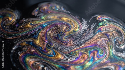 Iridescence appears on a dark liquid surface as swirling oily patterns create an intricate spectrum of vibrant colors that demonstrate fluid dynamics in a mesmerizing abstract display of light.