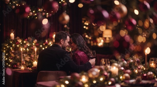 Couple enjoys a romantic dinner at a festive holiday party surrounded by shimmering warm lights and glowing ornaments that create an intimate and cozy atmosphere for celebrating the season of.