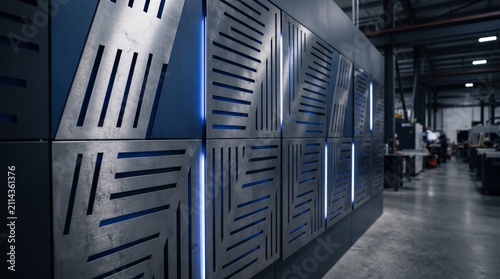 Metal wall panels featuring intricate laser cut geometric patterns provide a modern aesthetic for this expansive industrial facility floor which demonstrates high precision engineering and advanced.
