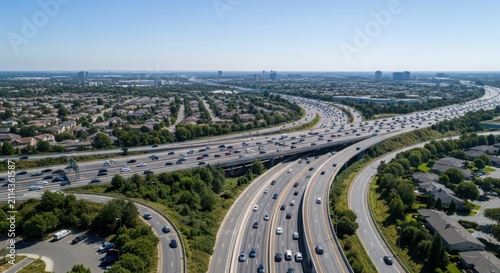Expansive aerial view of a complex highway interchange with heavy traffic flow under a clear blue sky