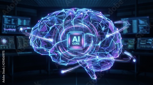 Abstract artificial intelligence brain concept with microchip processor and data network connections in a digital server room environment artificial intelligence technology cybernetics processor