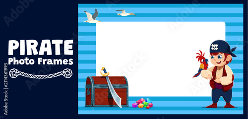фотографія Kids photo frame with funny boy pirate and parrot, treasures chest and seagulls