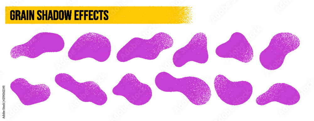 Fototapeta premium Abstract purple blob shapes set with grainy stipple texture and noise shadow effects. Organic fluid elements with dots and sand grain texture for modern graphic design or minimalist posters