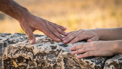 Tender Adult Hands Touching on Rough Stone in Warm Outdoor Light