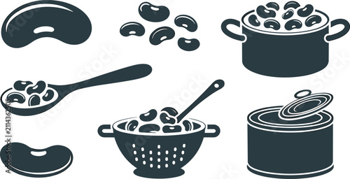 Bean Collection with Dry Legumes, Canned Beans, Cooked Beans, Colander, and Healthy Food Ingredients Vector Illustration Set