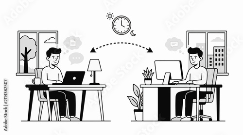 Remote workers communicating across timezones day to night